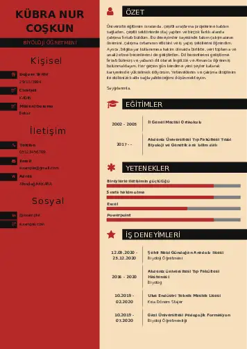 Biyoloji Öğretmeni CV Örnekleri cv indir